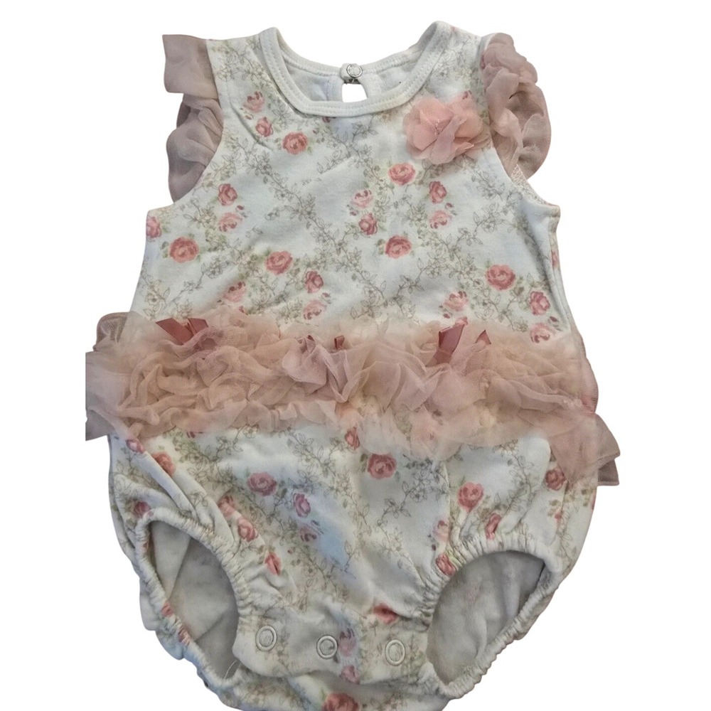 Kyle & Deena Baby Girl Floral Romper Pink Rose Tulle Ruffle 3-6M